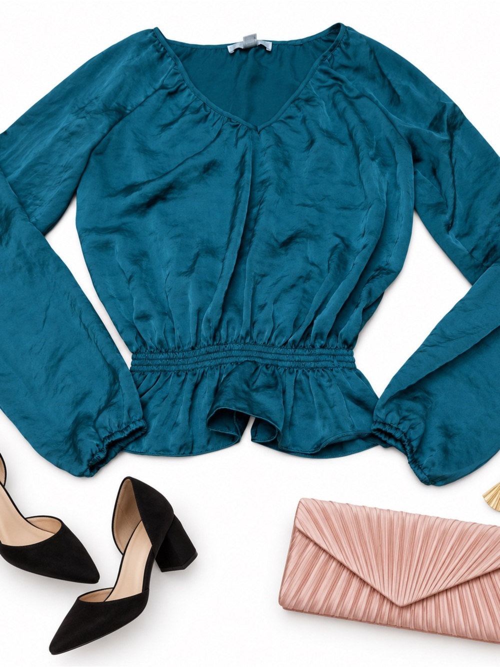 MICHAEL Michael Kors Blouse Small Emerald Green Smocked Waist Long Puff Sleeves